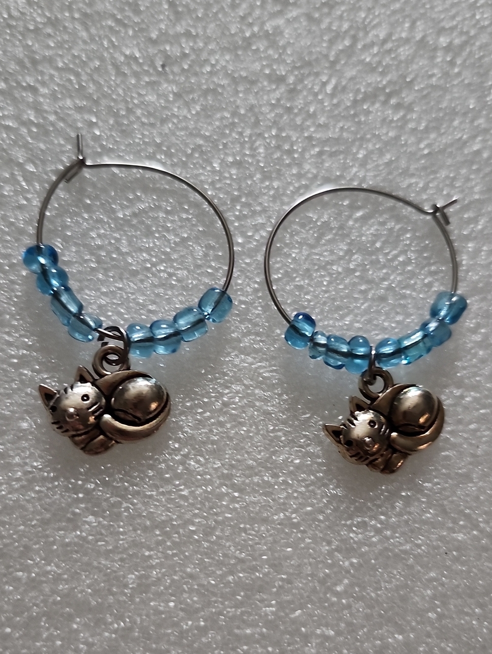 Hand Crafted Blue Bead Hoop Earrings with Silver Cat Charms